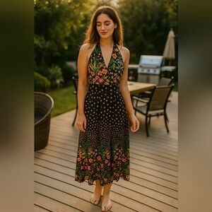 Miss Bierner Vtg70s Black Cotton Halter Maxi Dress with Floral and Leaf Print Sm